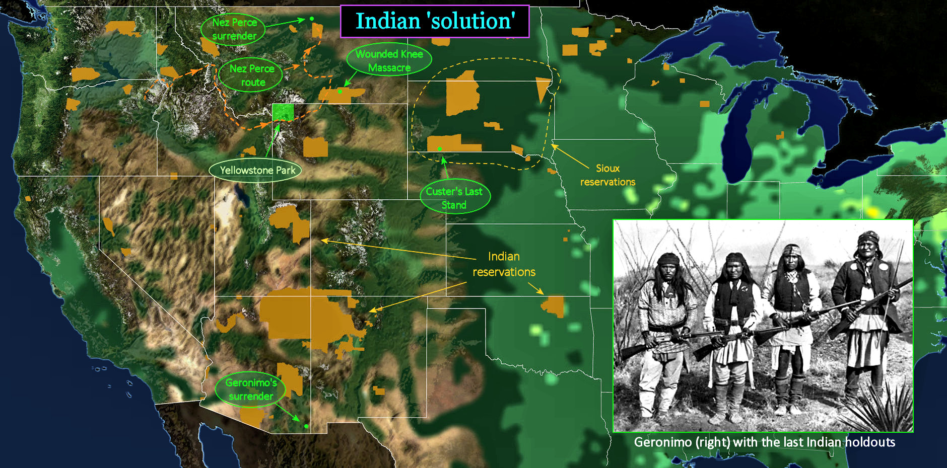 Custer, Chief Joseph Indian Wars, 1870s map